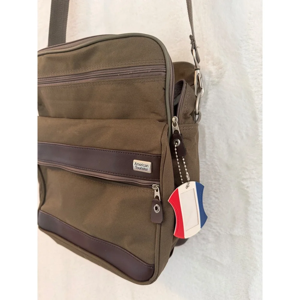 American Tourister Messenger Bag‎ Olive Canvas Crossbody Travel Bag Brown Trim
